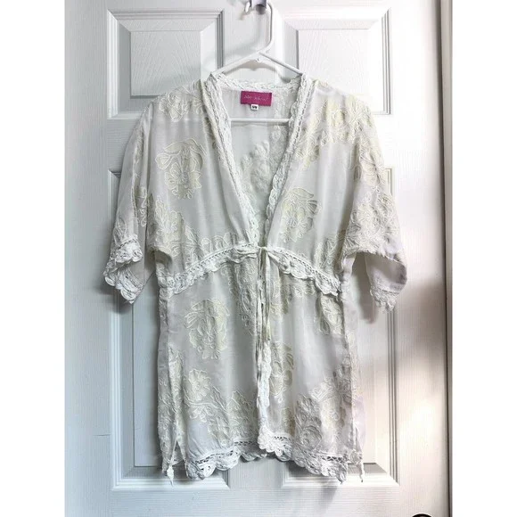 Betsey Johnson White Lace Floral Sheer Kimono Cover Up Tie Front Size S/M - Picture 5 of 11
